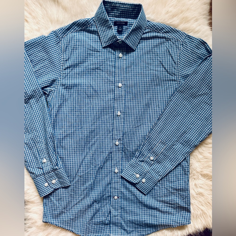 Tommy Hilfiger - Blue and White Checkered Button-down Dress Shirt Boys Size 16